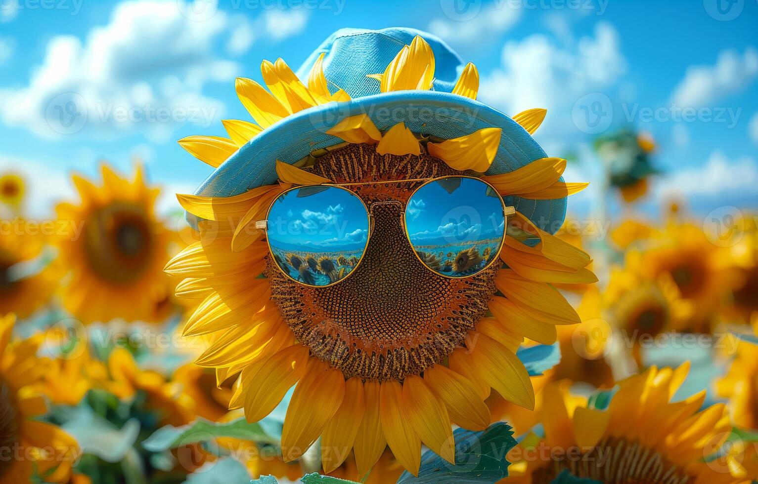 Sunflower with sunglasses and hat. A sunflower wearing sunglasses and a blue hat photo