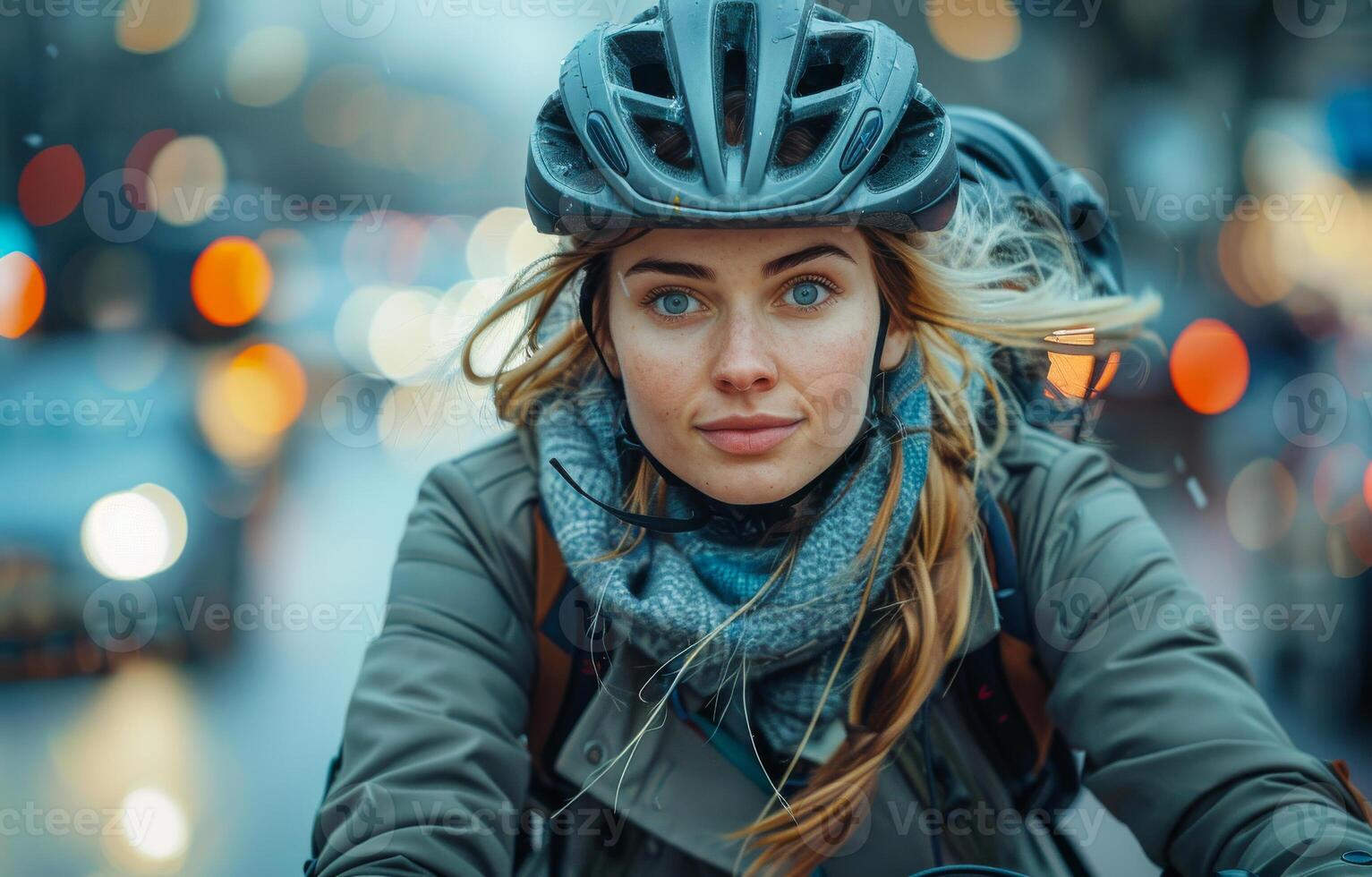 Young woman wearing helmet and cycling clothes riding bicycle on city street in the evening photo
