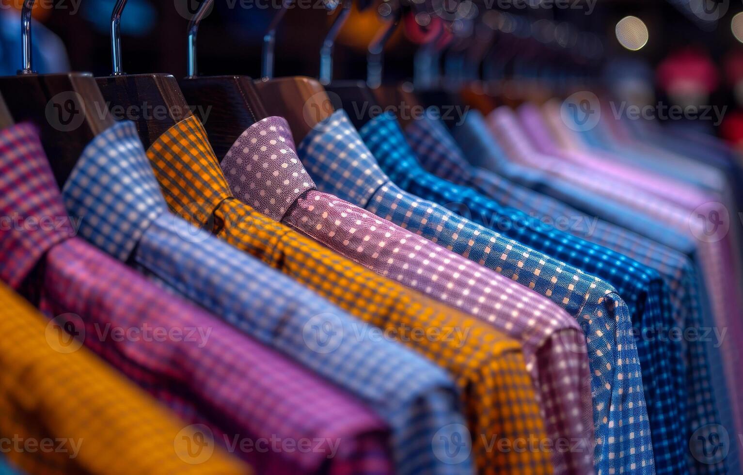 Colorful shirts on hangers in retail shop photo