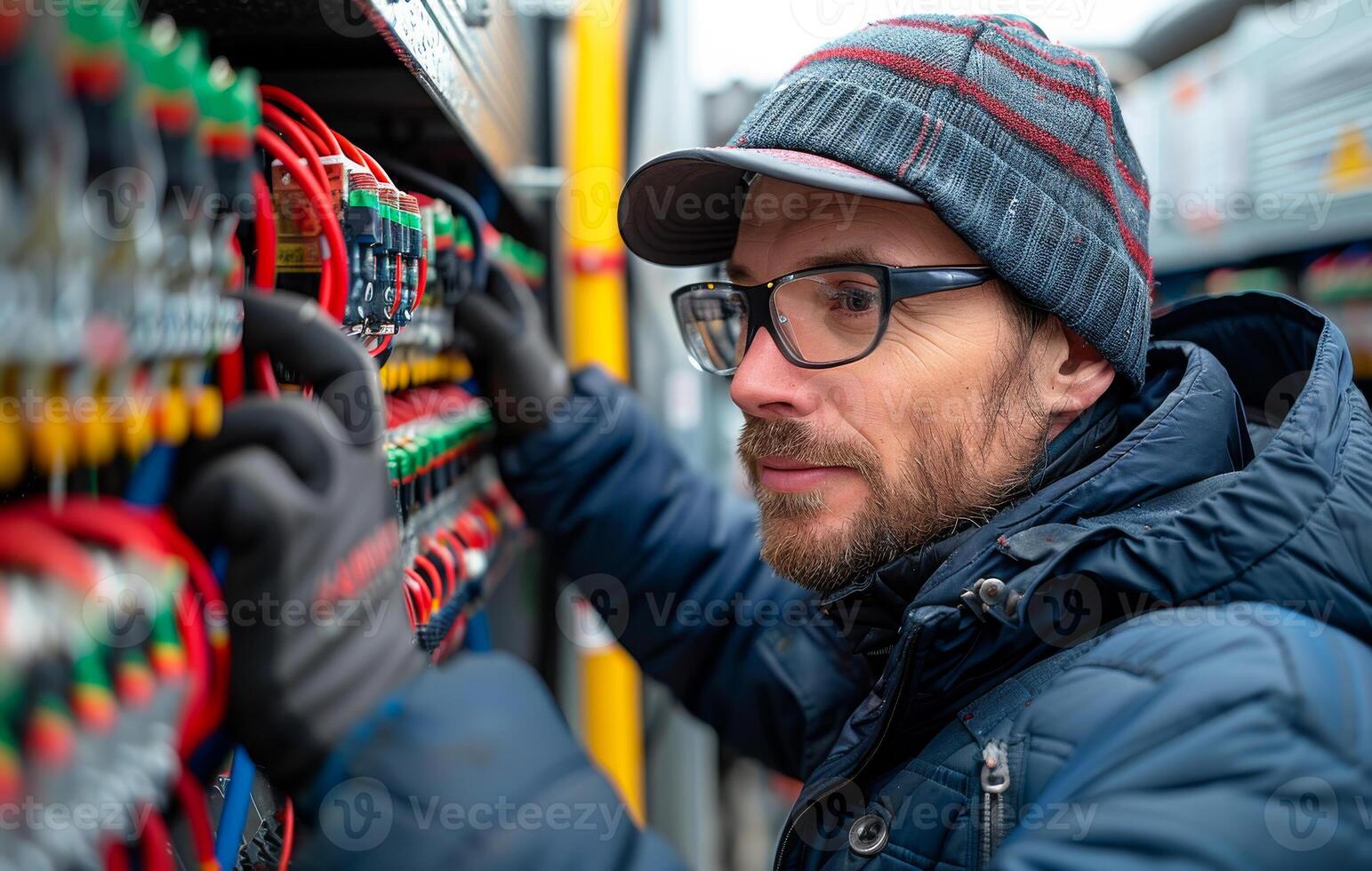 hombre trabajos con eléctrico equipo. un persona haciendo refrigeración instalación foto
