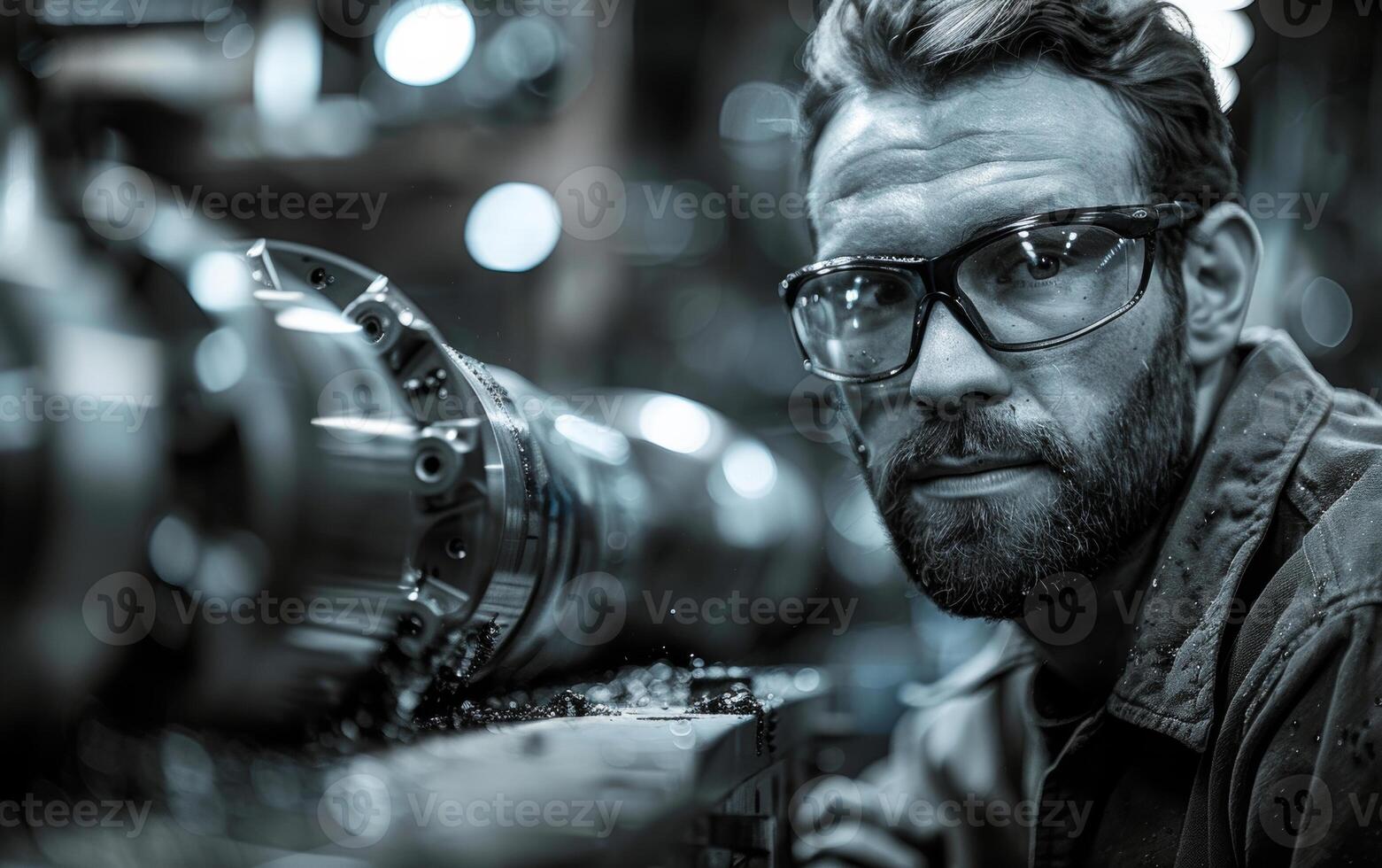 Portrait of handsome engineer in protective glasses and work clothes is in the workshop at the industrial machine photo