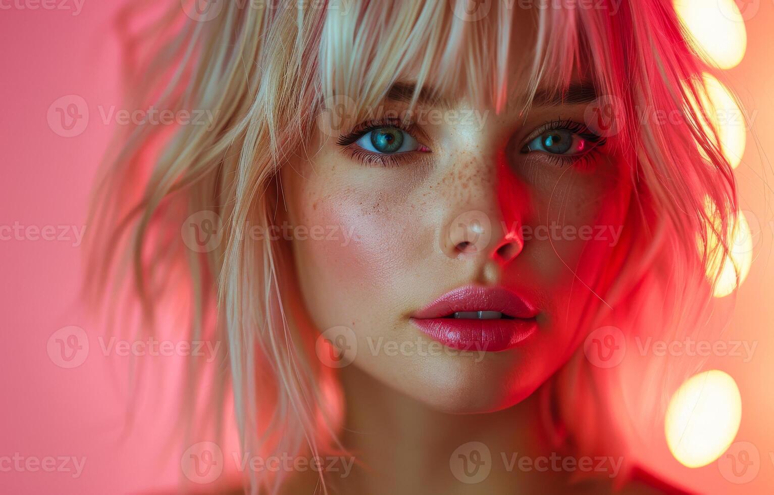 Closeup portrait of beautiful young girl with bright makeup and red lips posing at studio photo
