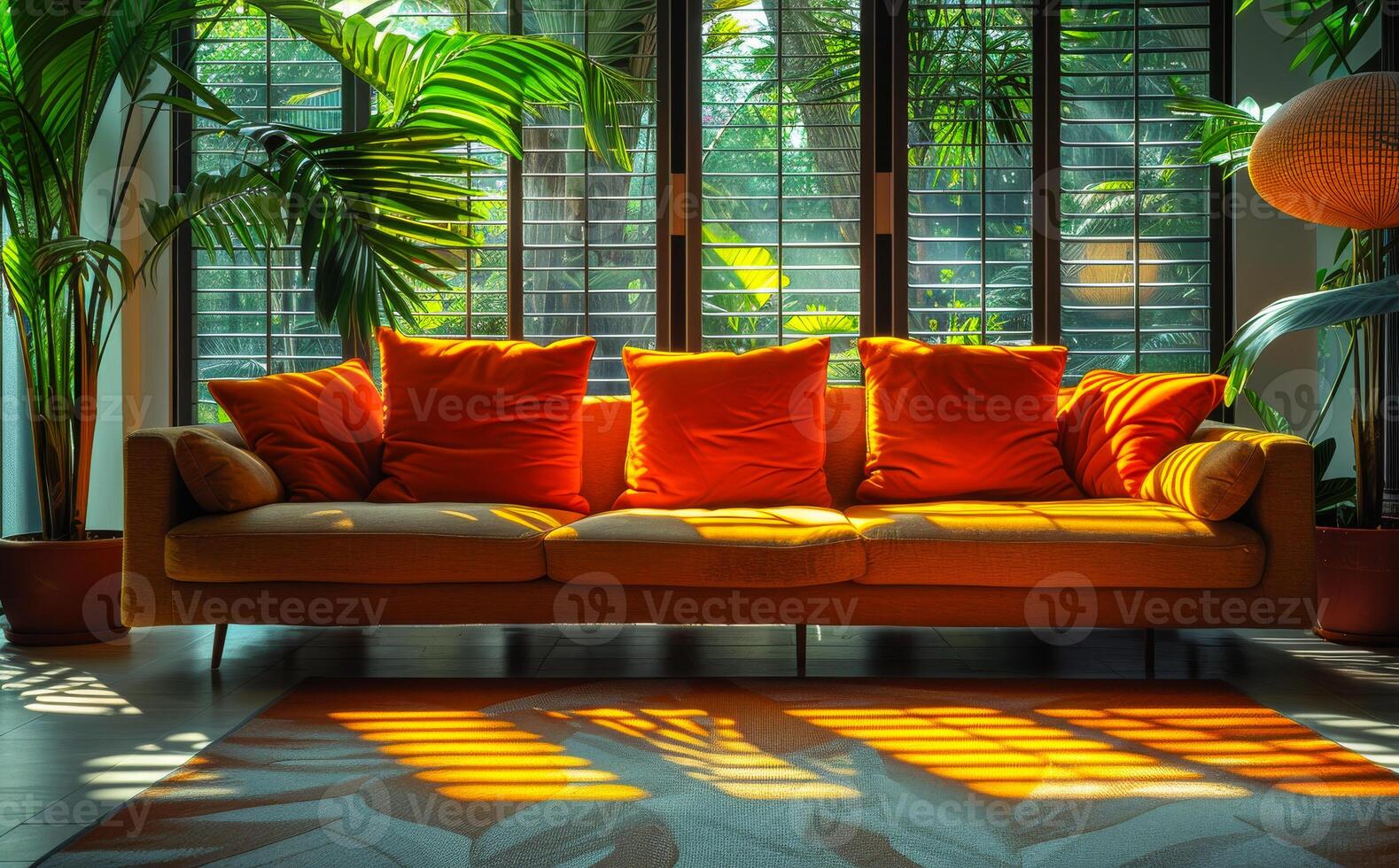 Orange sofa with orange pillows in living room with plants and sunlight photo