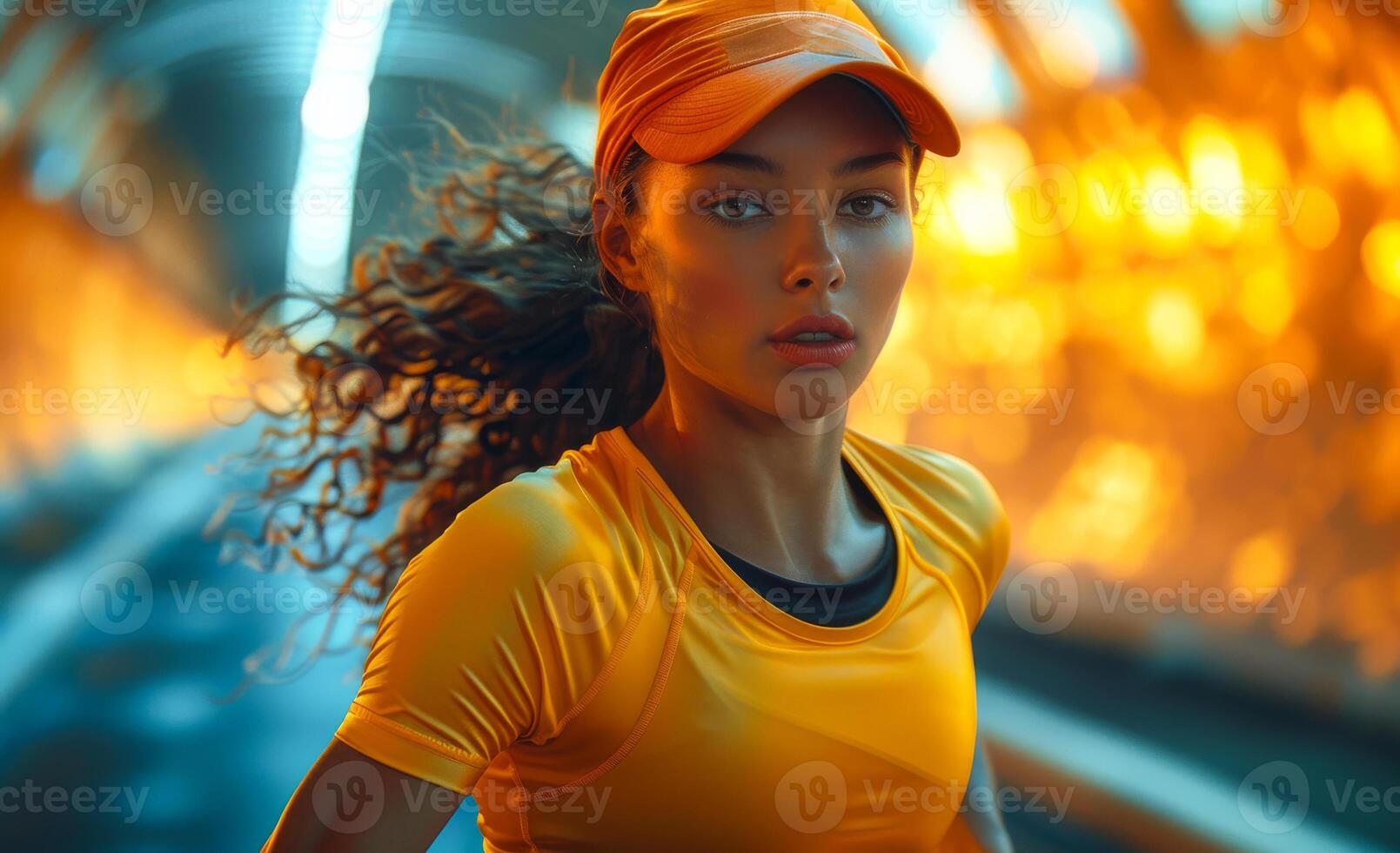 Beautiful young woman is running on the tunnel photo