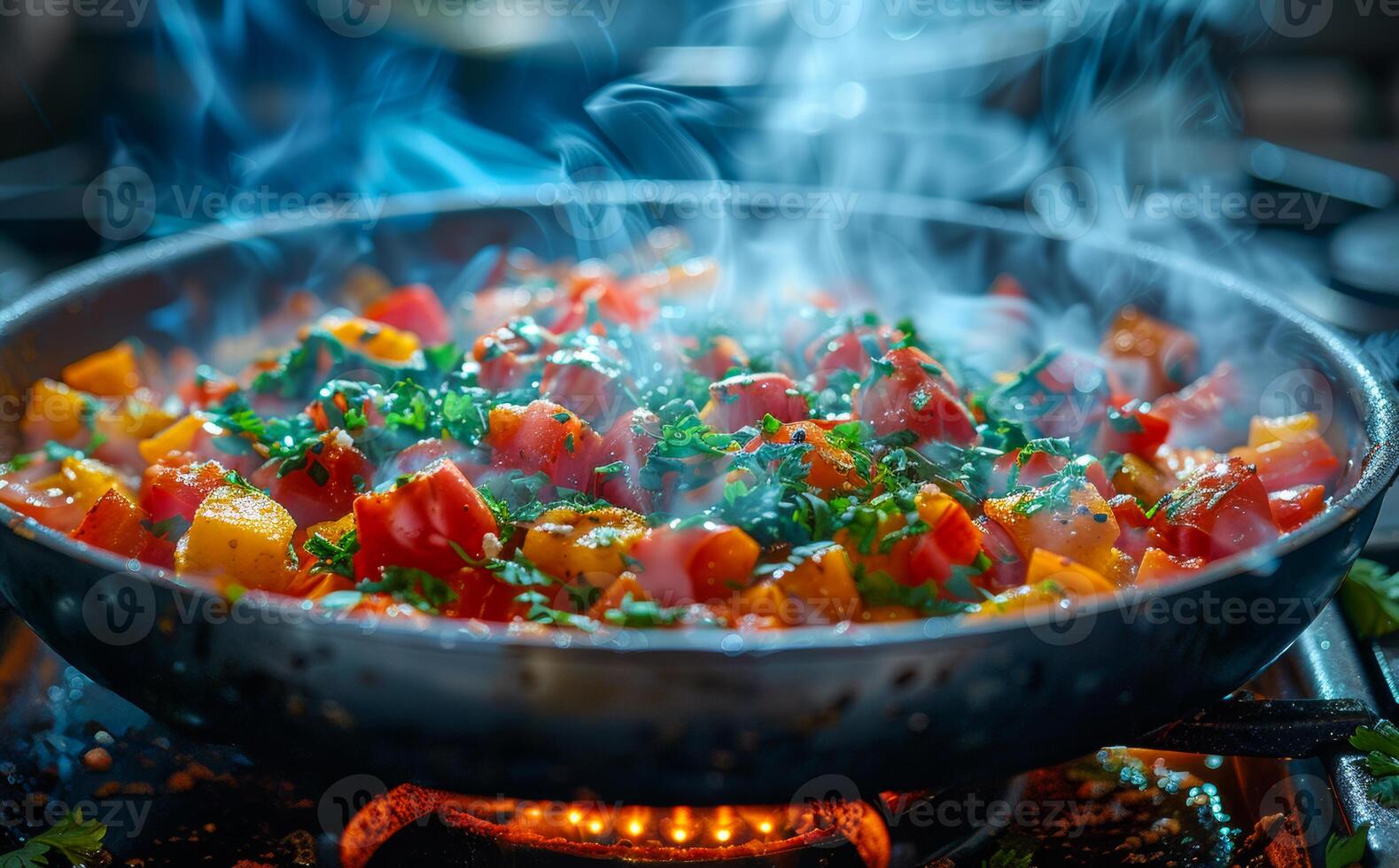 Vegetables are fried in frying pan on open fire photo