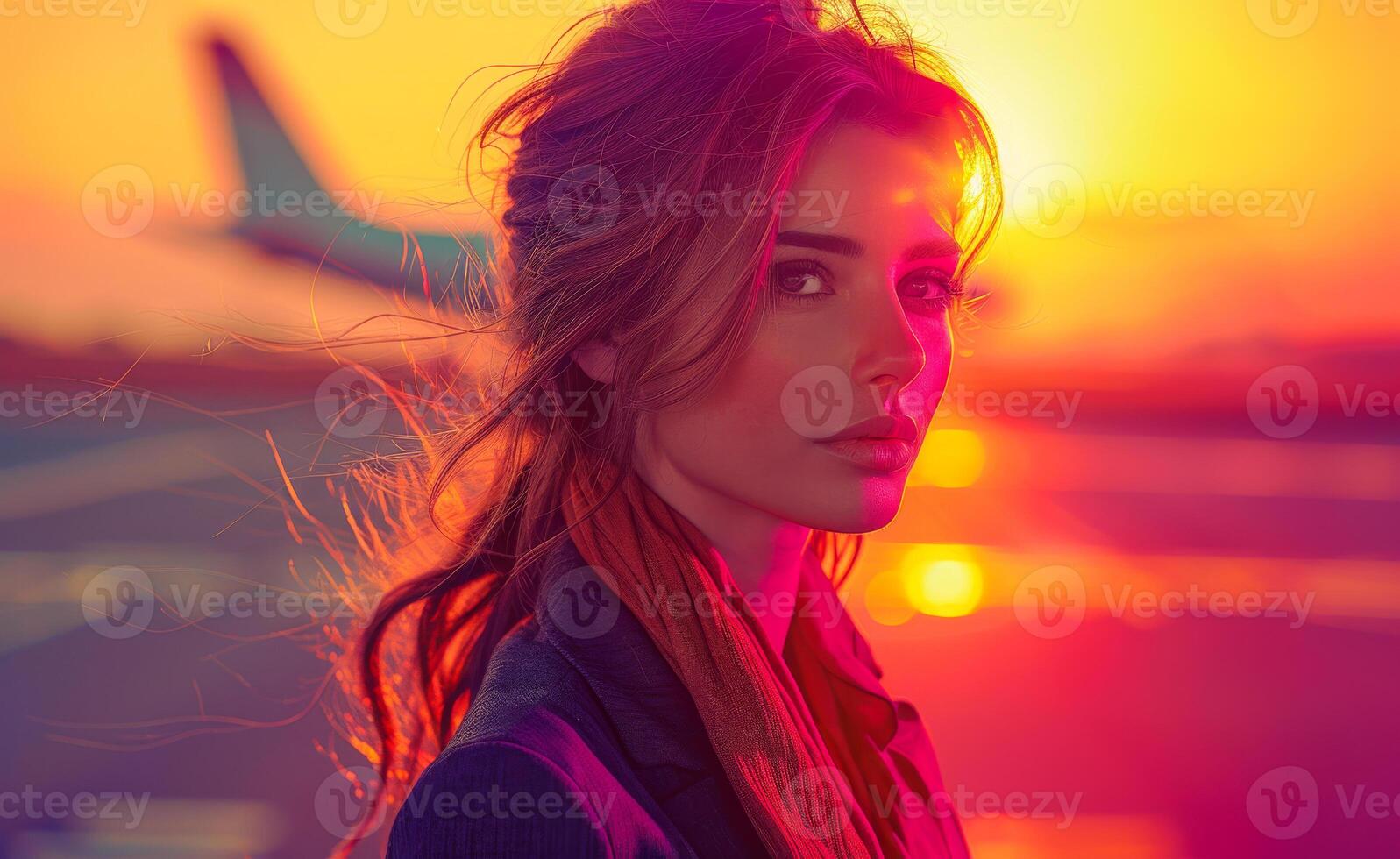 Beautiful girl is standing on the airport runway during sunset photo