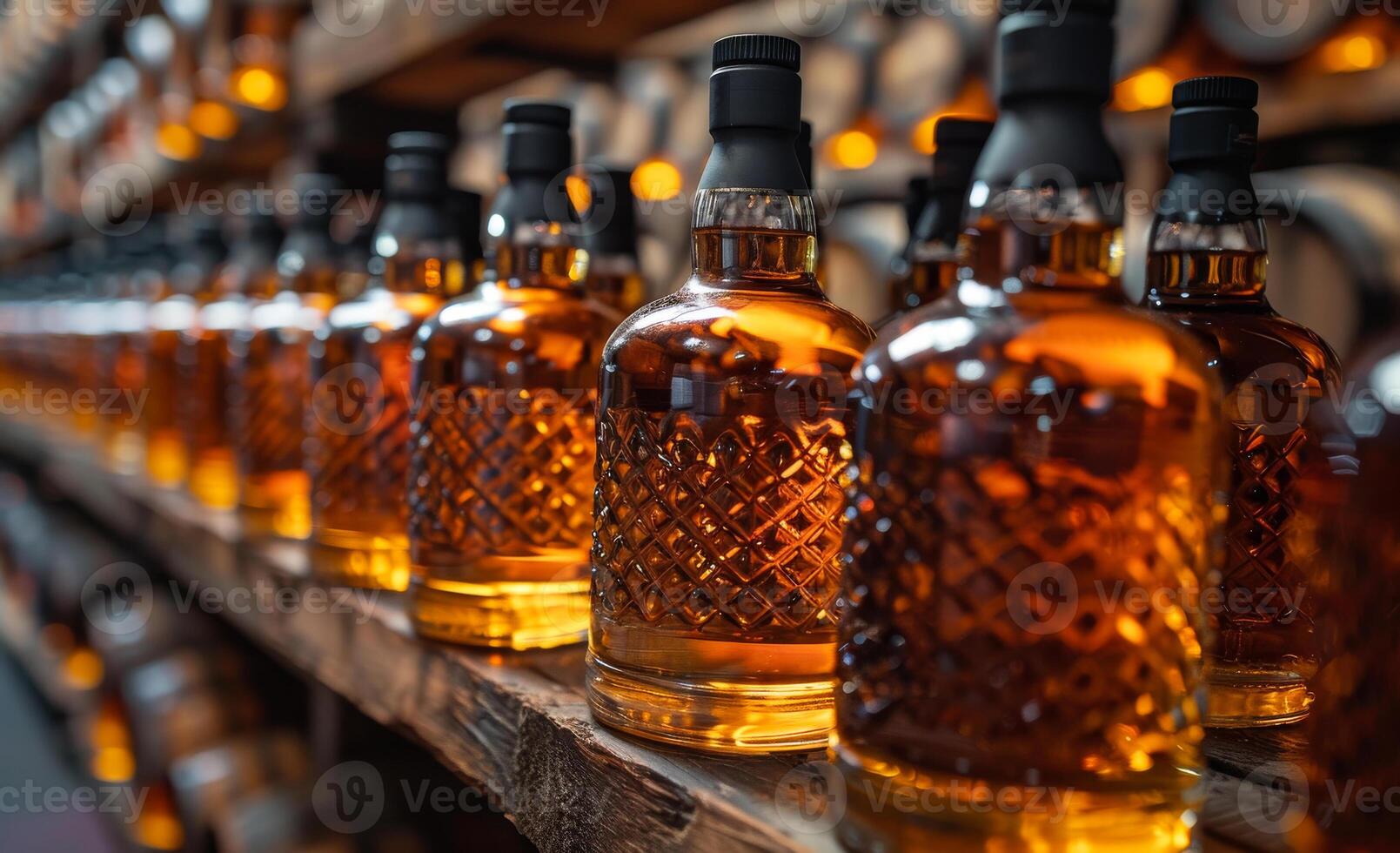 Rows of whiskey bottles on shelf in distillery photo