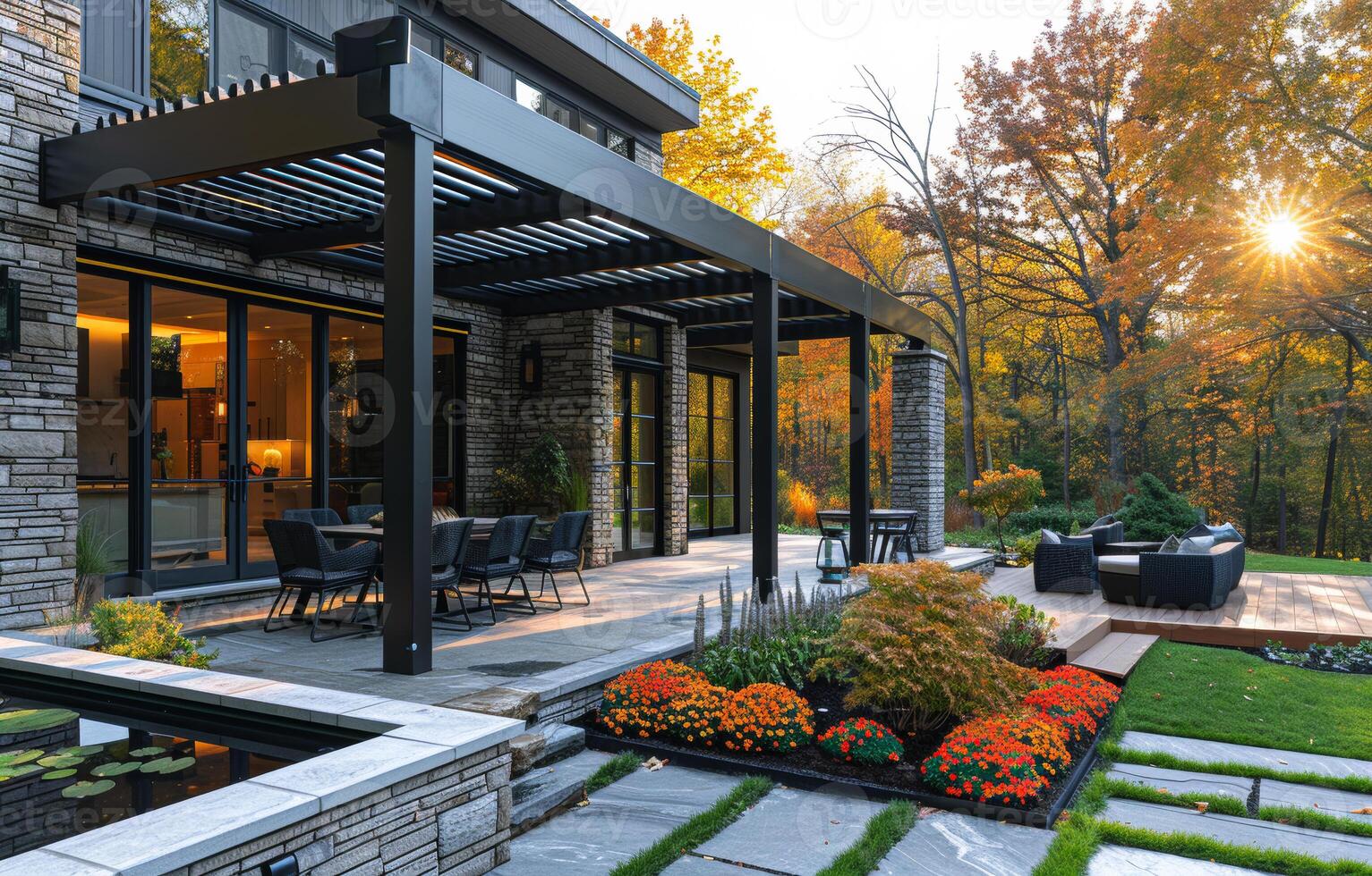 Modern house with beautiful landscaping on sunny day photo
