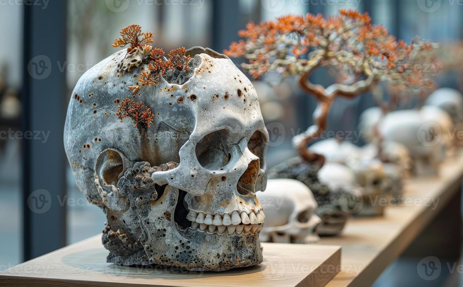 Skulls and bonsai tree on the table photo