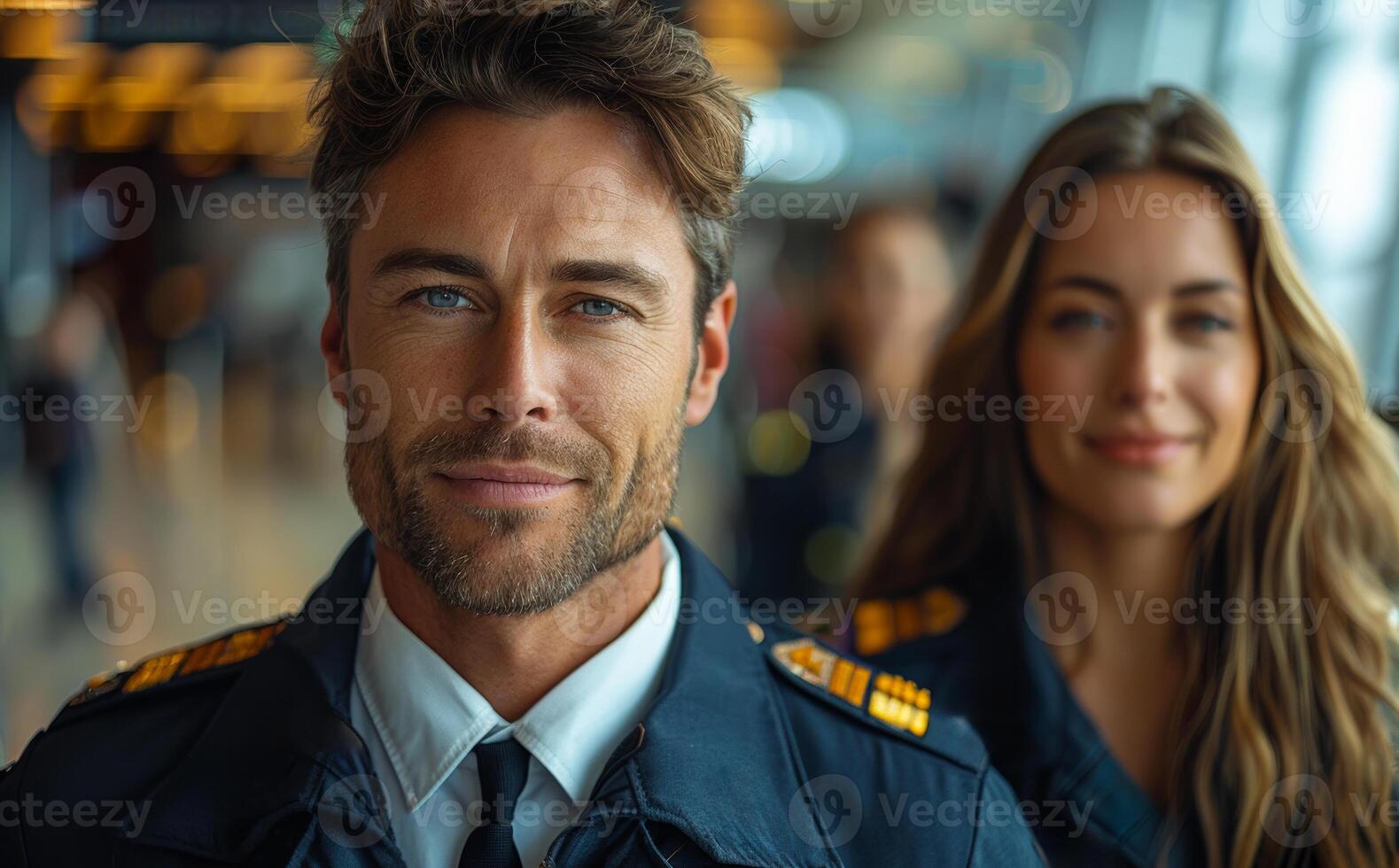 Close up of handsome male pilot and his female colleague standing in the airport terminal. photo