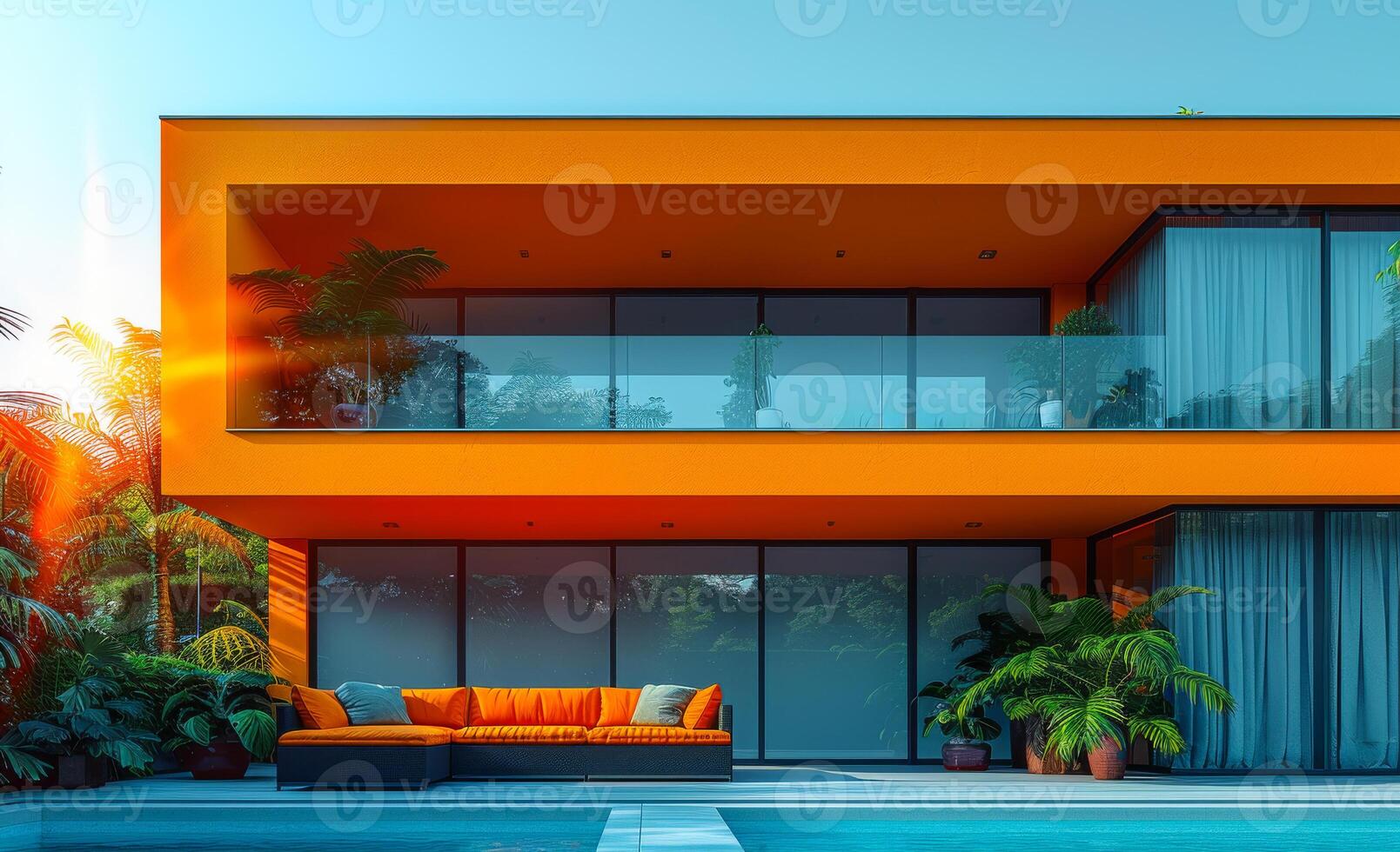 Modern house with pool and garden in the evening photo