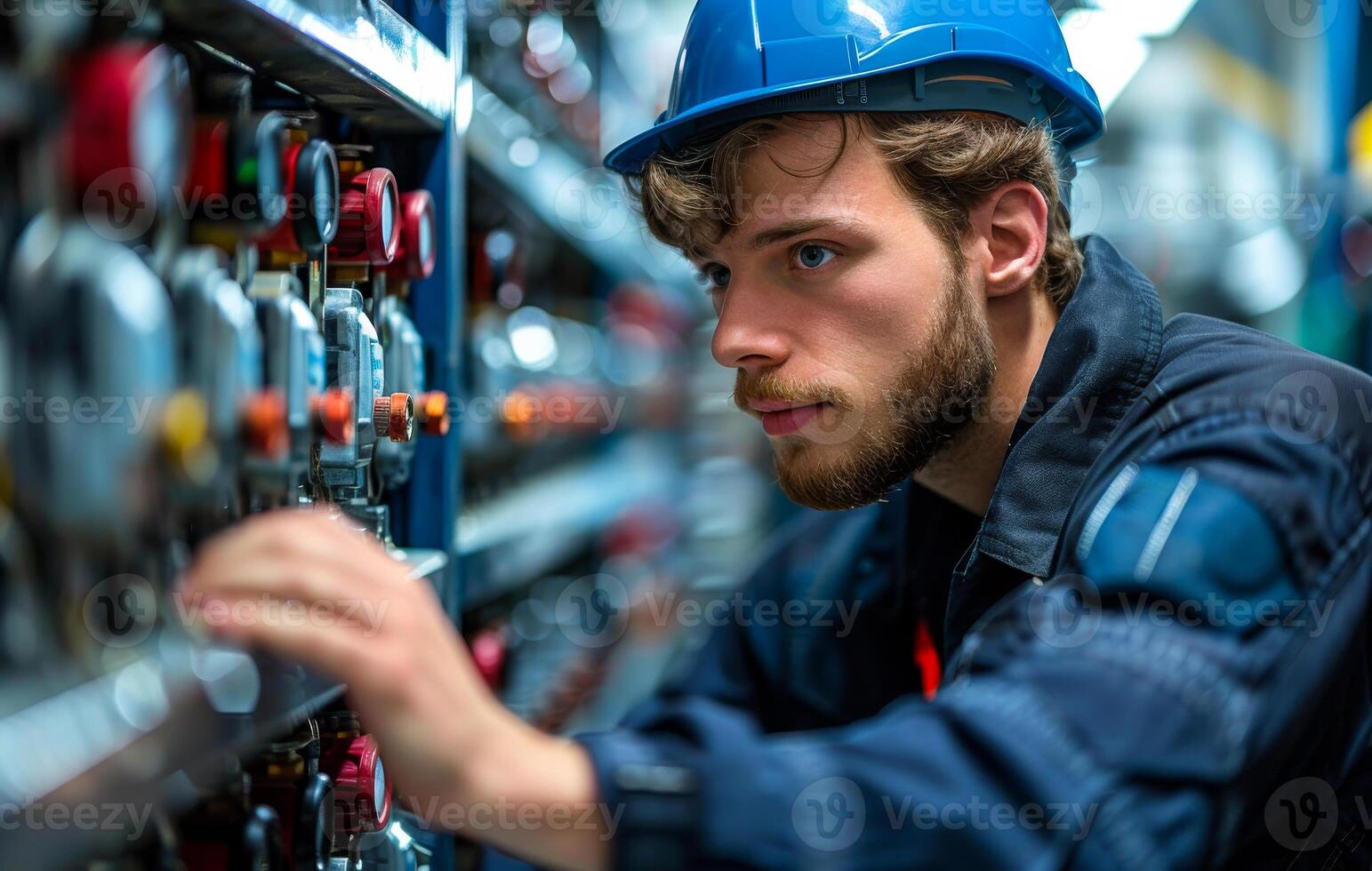 Portrait of young man working in factory. A person doing refrigeration installation photo
