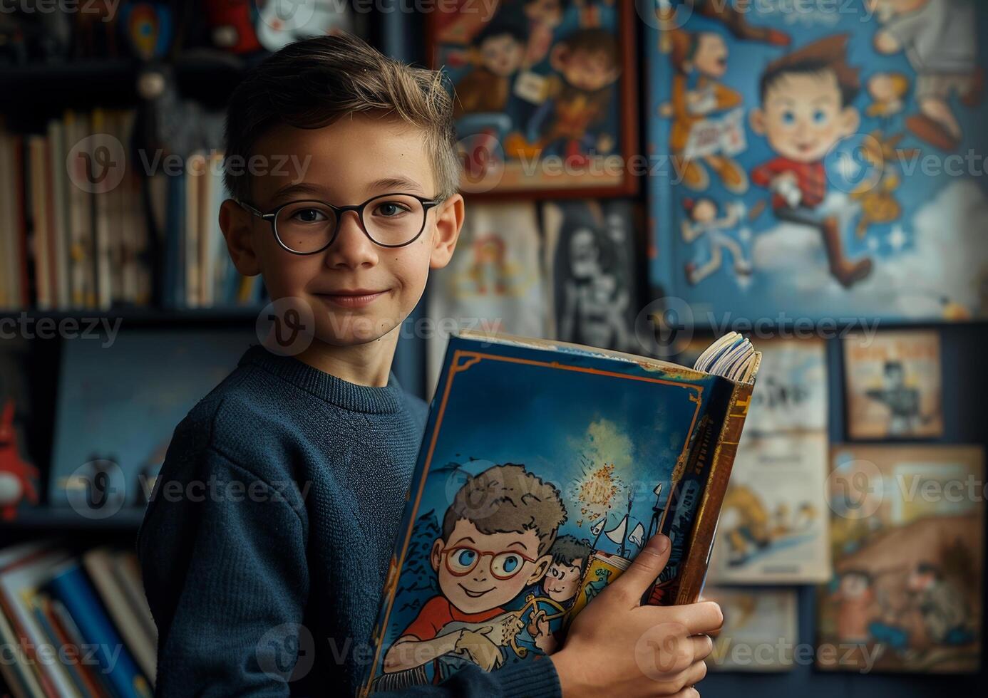 Boy stands in room full of books and holds book in his hands. photo