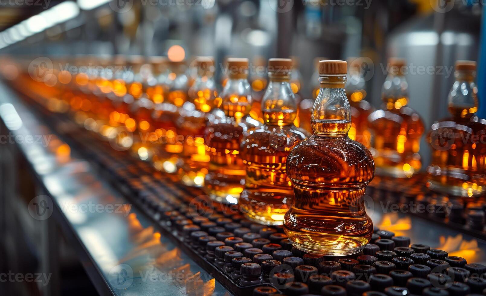 Rows of bottles filled with whiskey are seen at distillery. photo