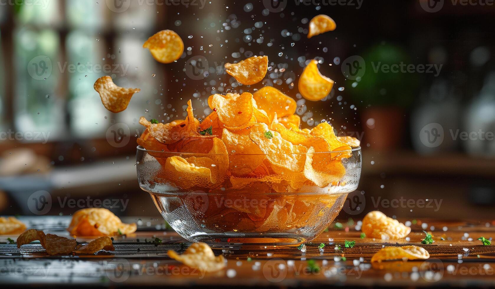 Dried pineapple chips falling into bowl photo