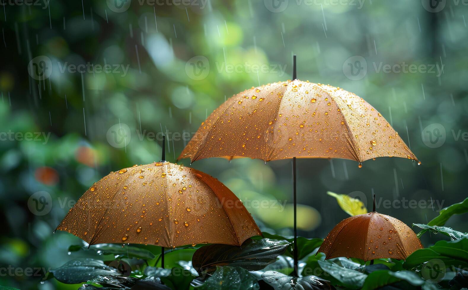 Umbrellas are placed on the ground in the rain. photo