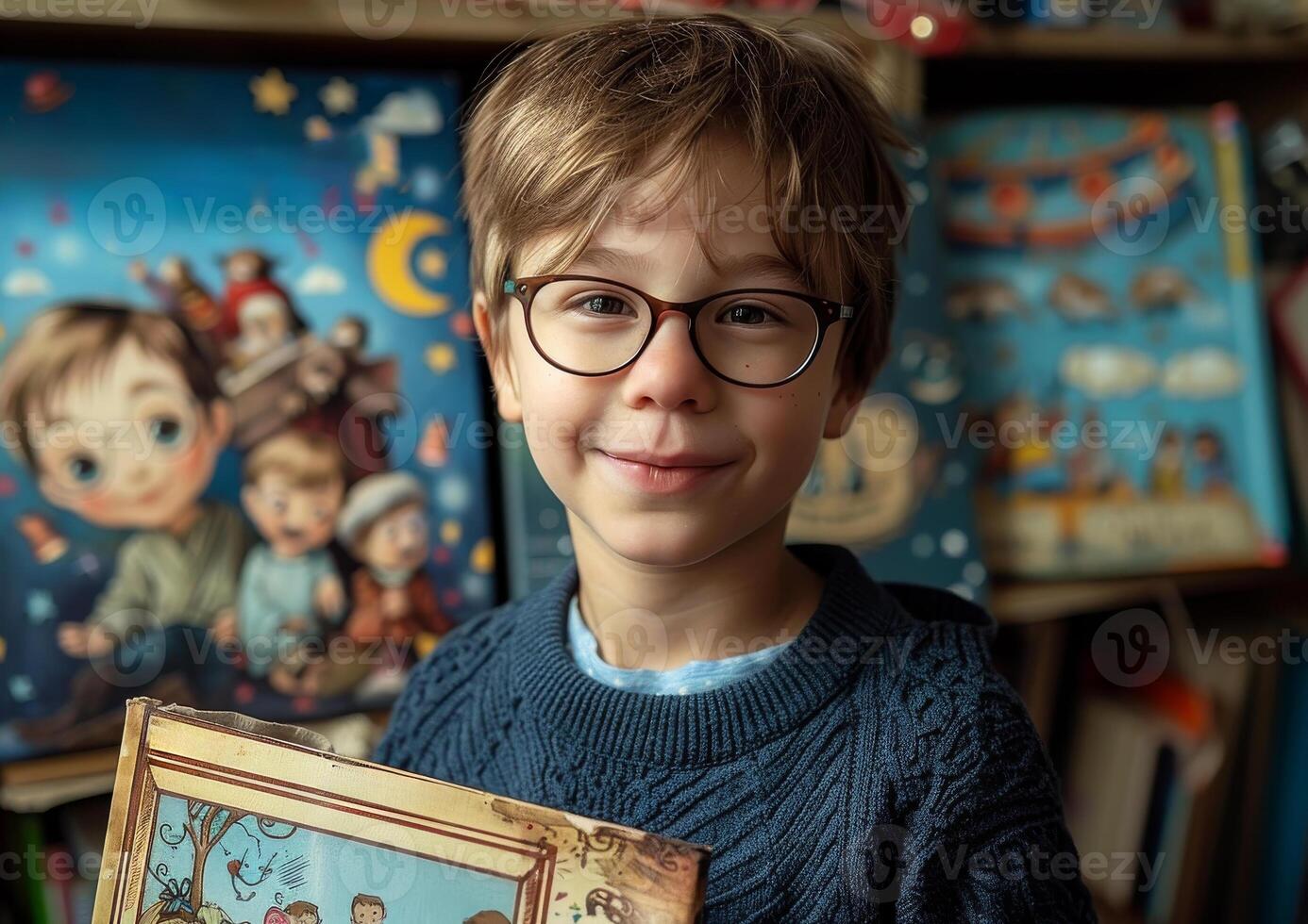 Boy is holding picture book in his hands and smiling. photo