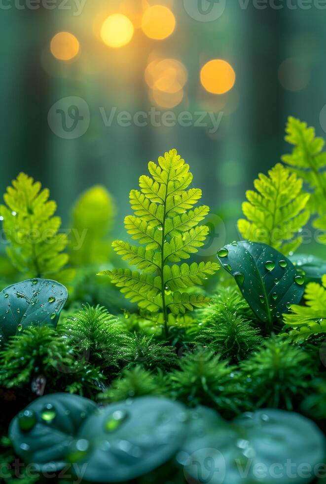 Small fern and moss in the forest with water drops and bokeh light background photo
