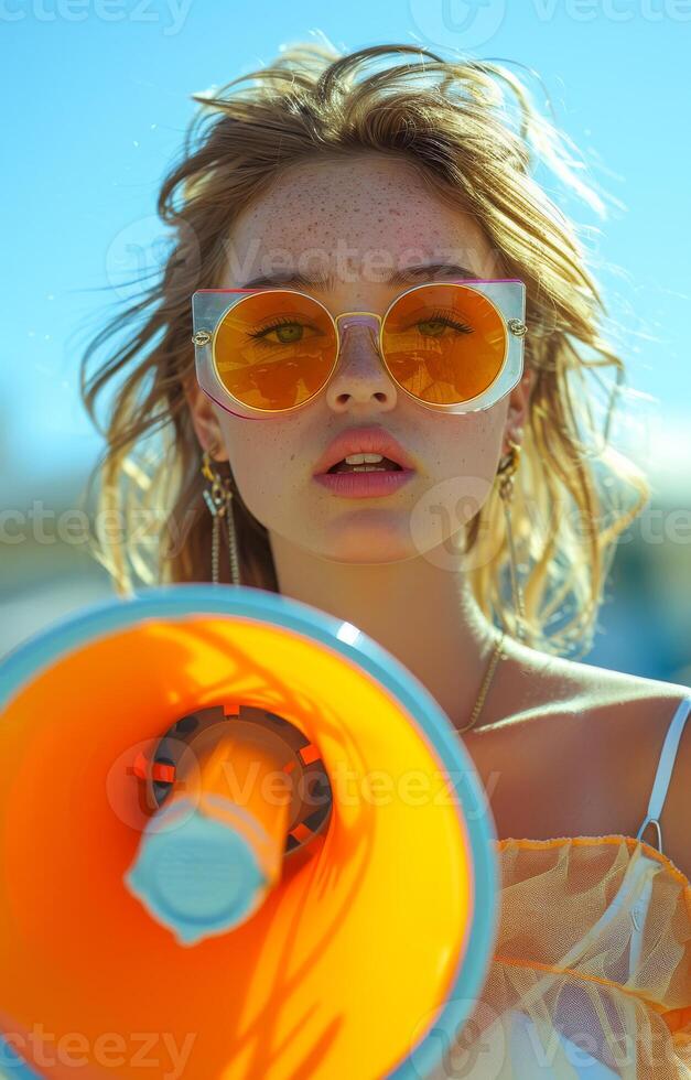Young woman with megaphone on the beach photo