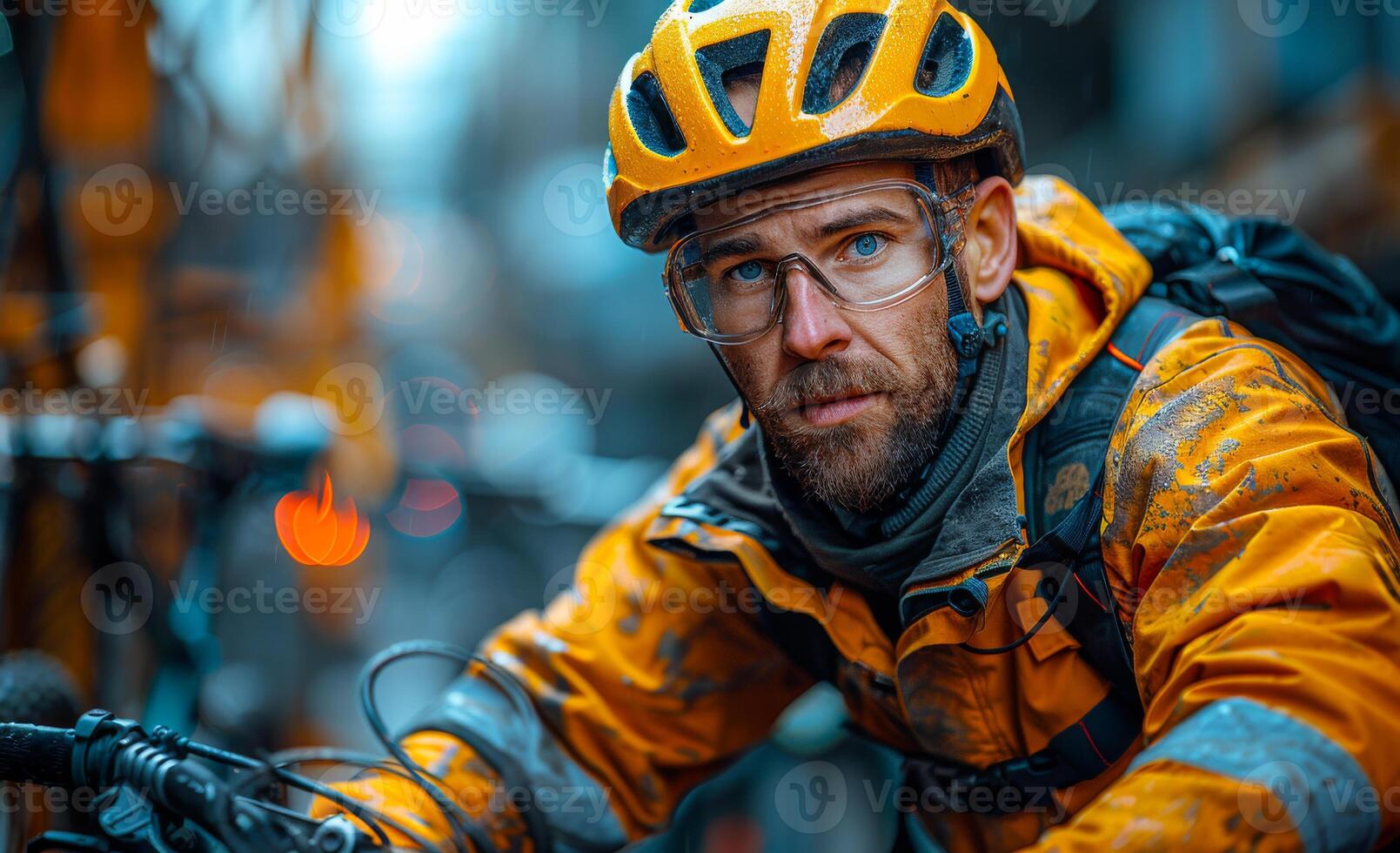Man dressed in bright orange jacket and helmet is sitting on his bicycle in the city. photo