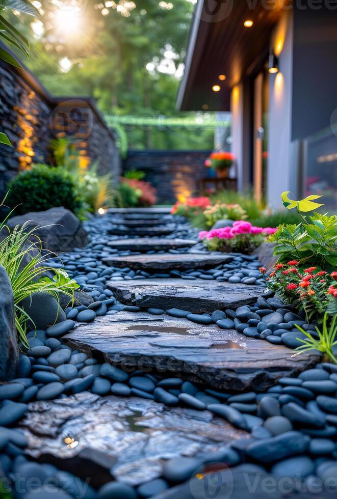 The path is made of decorative black stones in front of the house in the garden photo