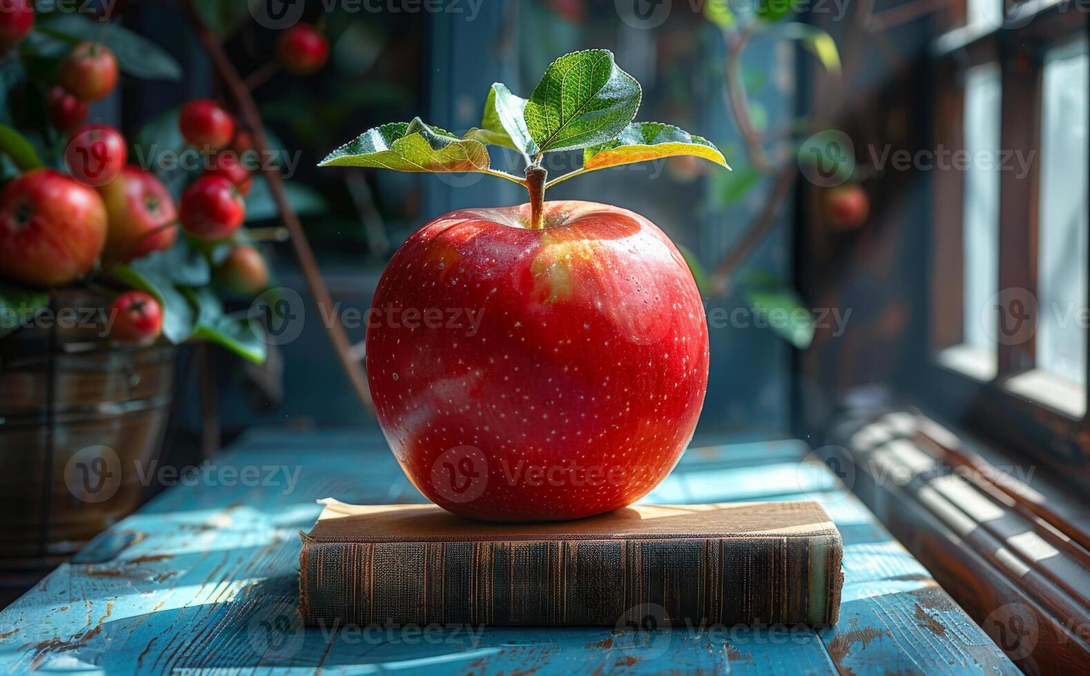 Red apple and book on blue wooden table photo