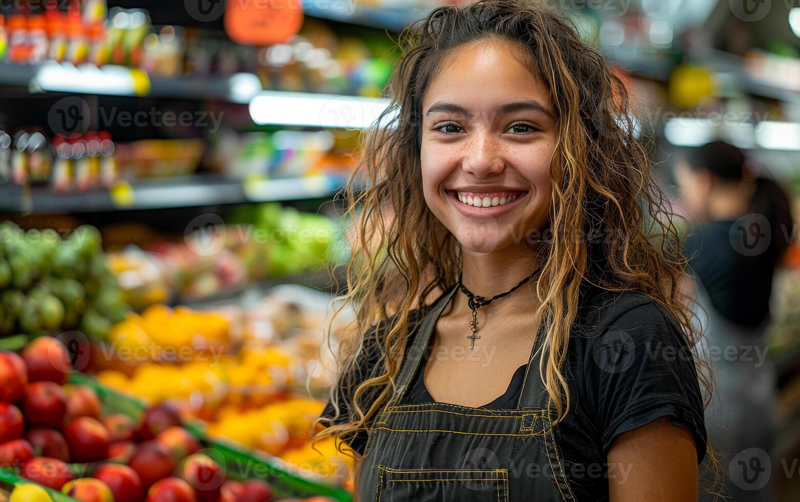 Young woman stands in fruit and vegetable market smiling at the camera. photo