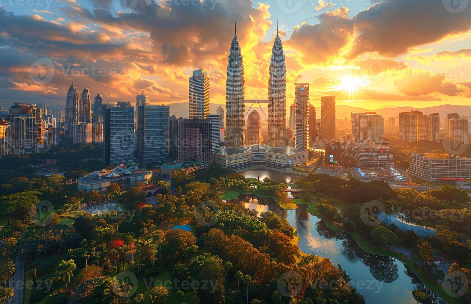 City skyline view from the park. Beautiful cityscape during sunrise. photo