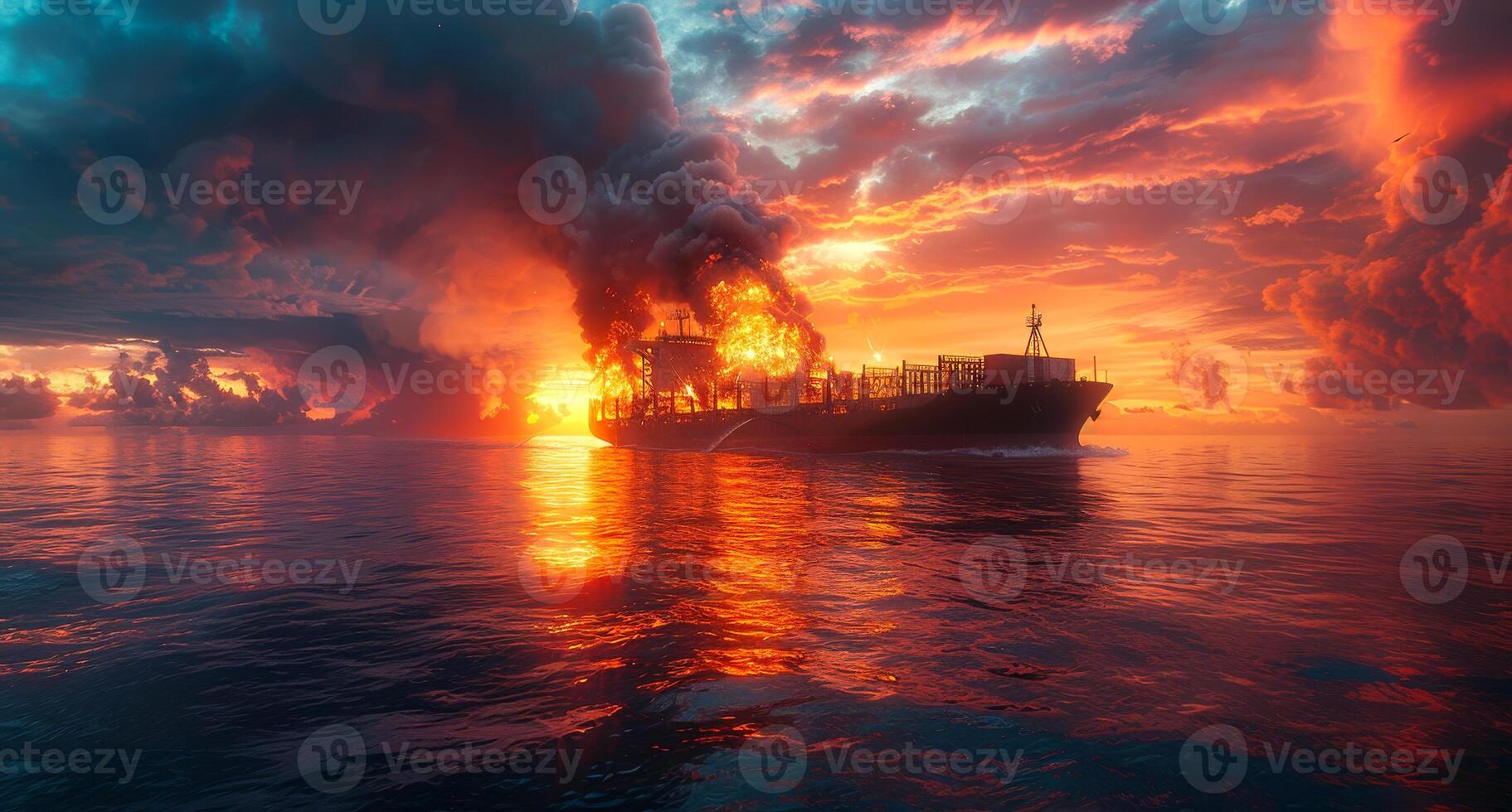 Oil tanker is burning in the sea at sunset. A cargo ship on fire in the middle of an ocean photo