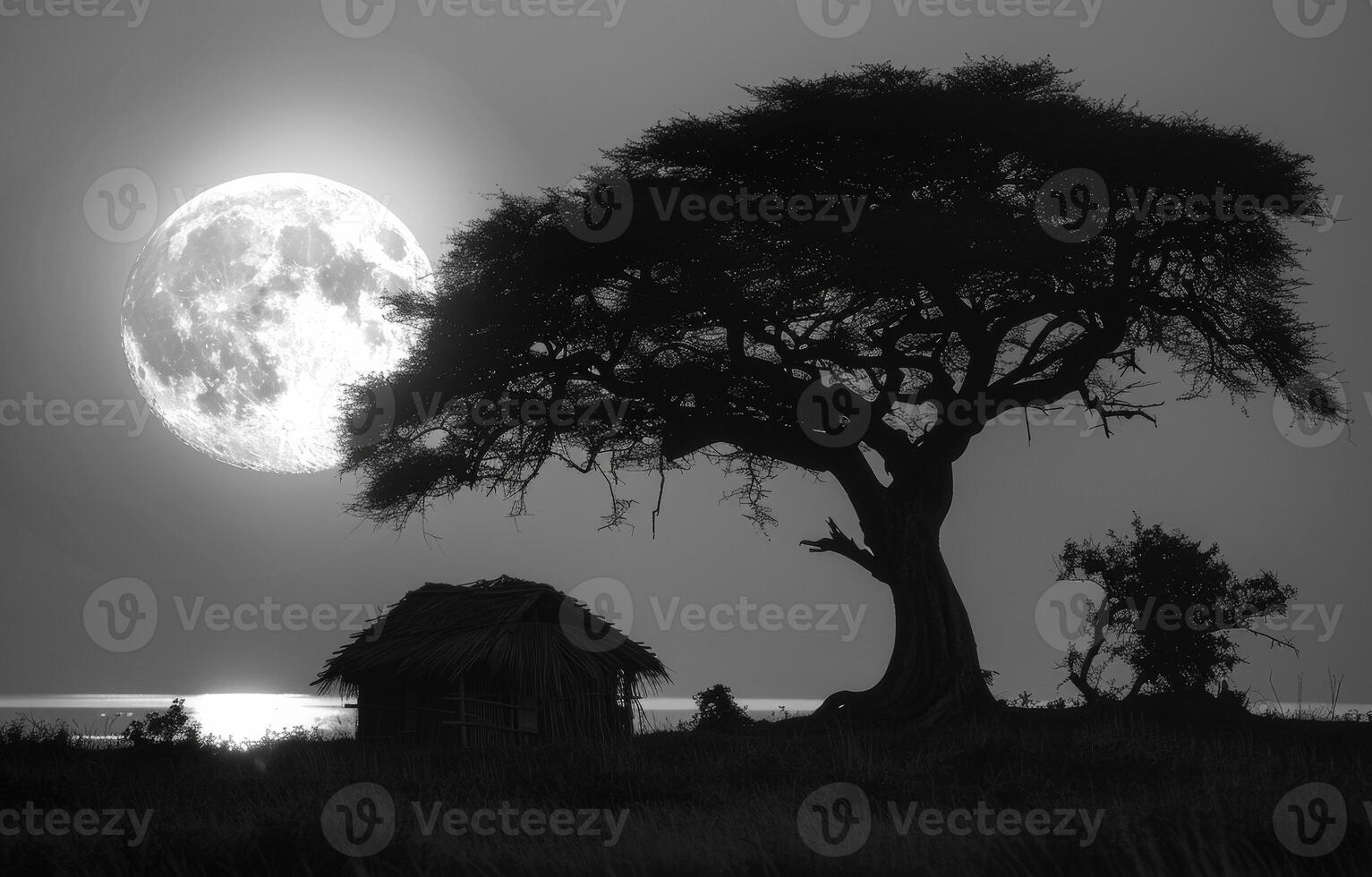 African hut and tree in the moonlight photo