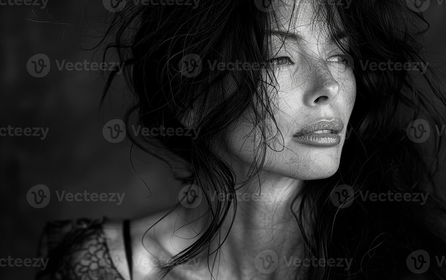 Woman with long black hair looks to the side with her eyes closed. photo