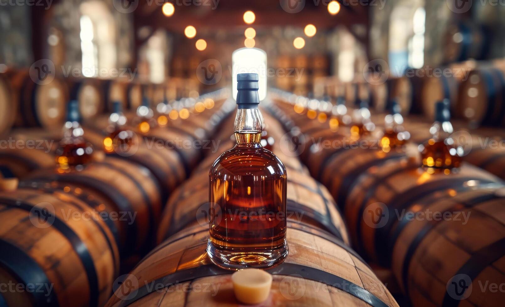 Bottle of whiskey sits on top of barrel in barrel room. photo