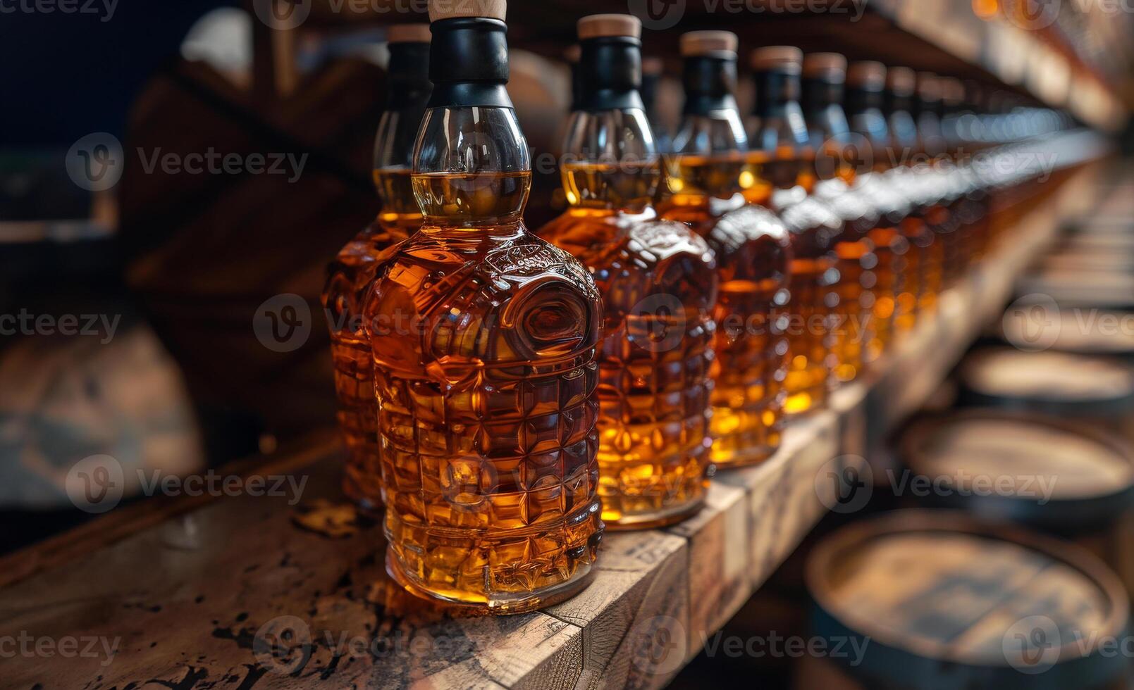 Row of expensive bottles of whisky in distillery warehouse photo