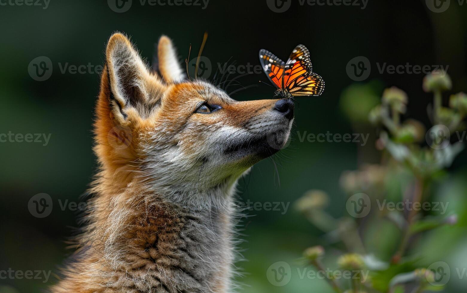 Red fox sniffs butterfly on its nose. An animal in nature playing with a butterfly on its nose and howling photo