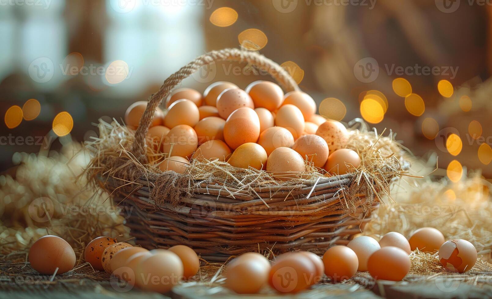 Fresh organic eggs in basket on wooden rustic background photo