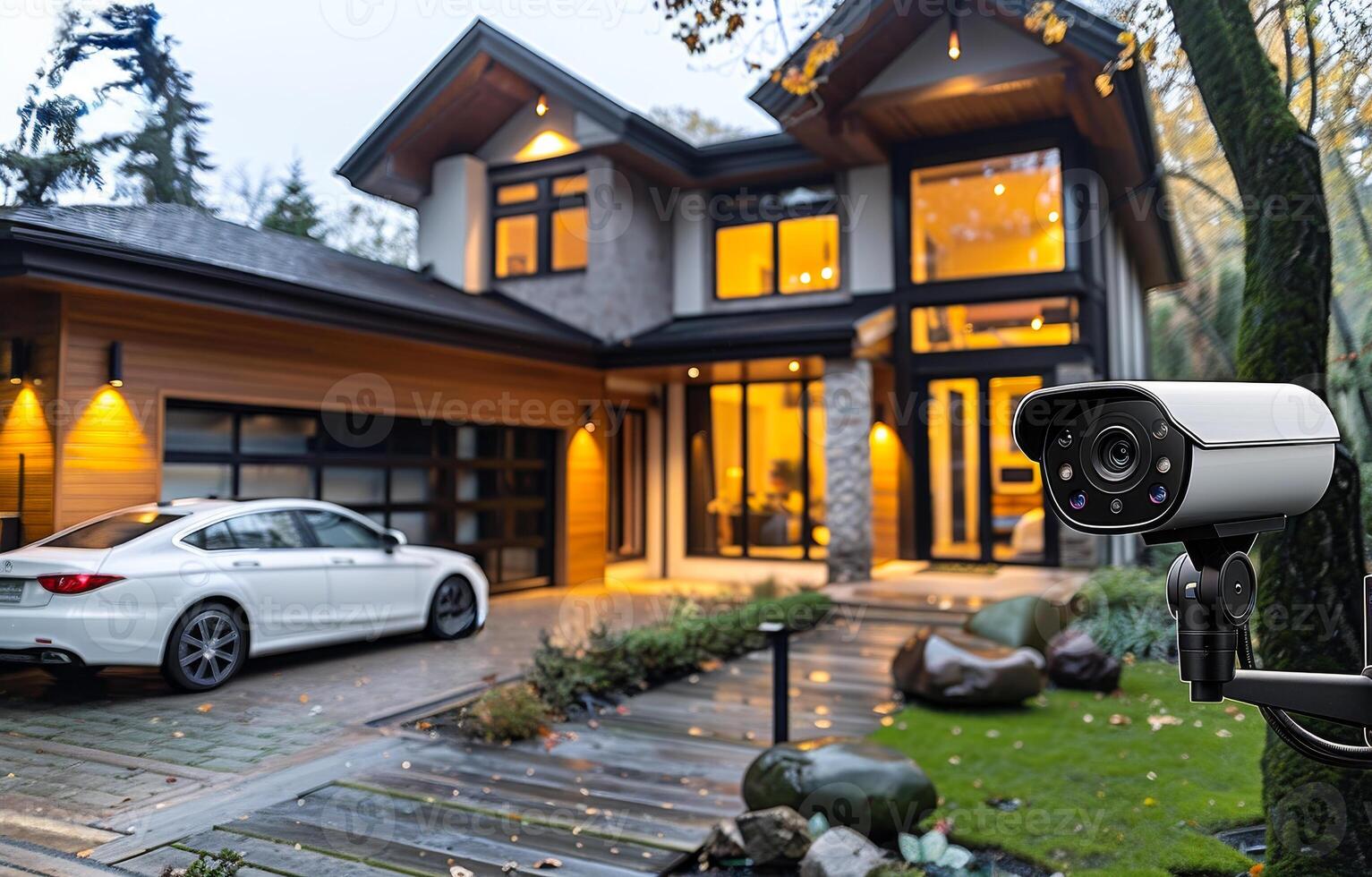 Security camera and home in the evening photo