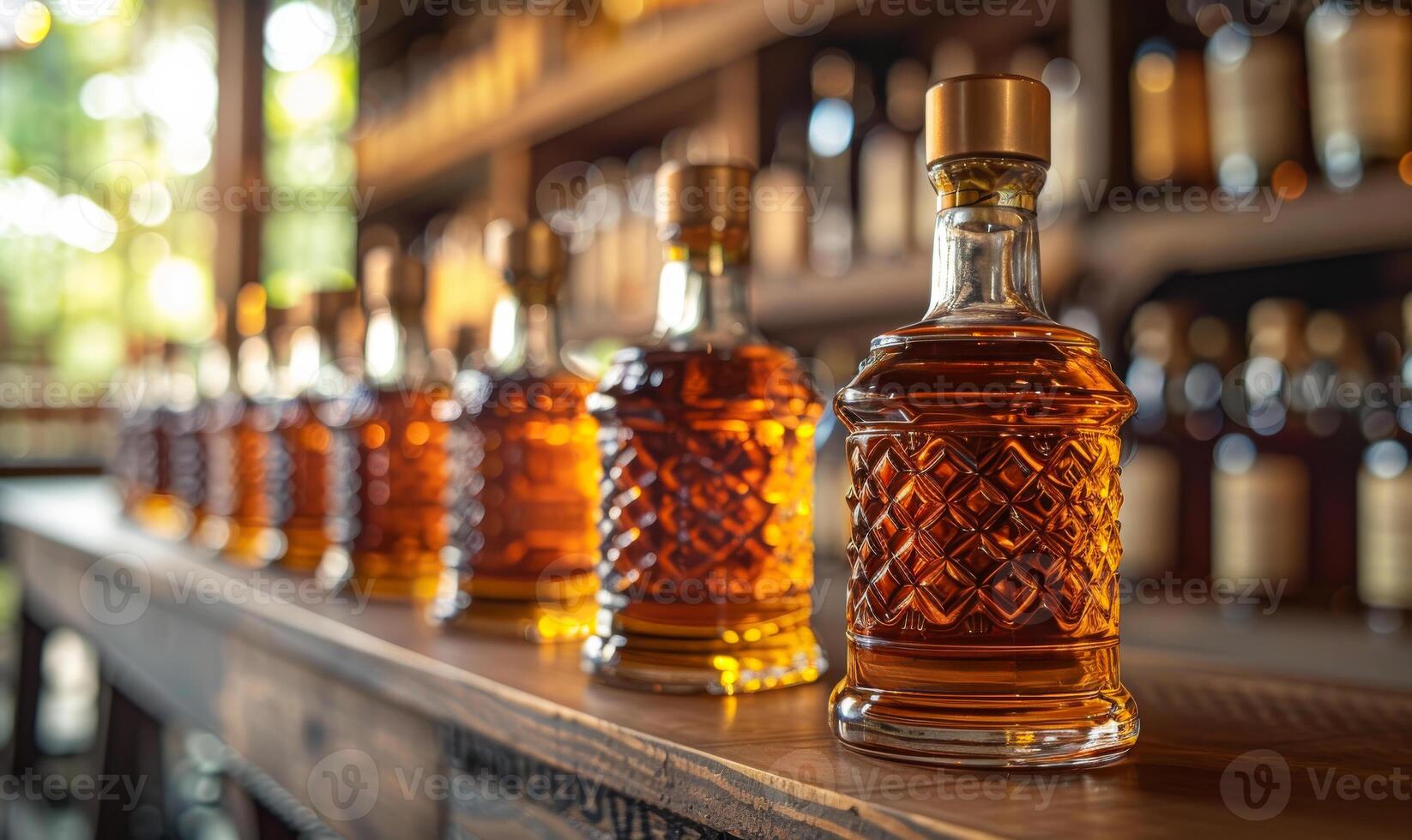 Rows of whiskey bottles on shelf in distillery photo