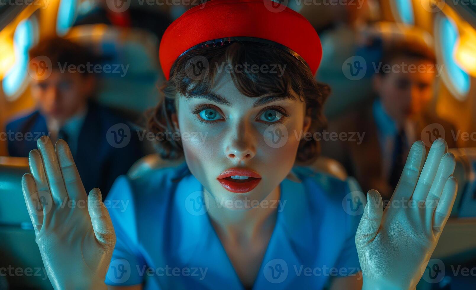 Beautiful woman in red beret is sitting in diner and looking at the camera. photo