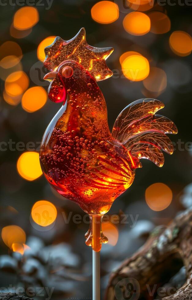 Lollipop in the shape of rooster is on stick against the background of bokeh photo