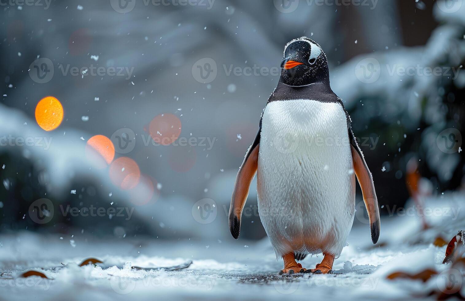 Gentoo penguin walking in the snow with blurred lights in the background photo
