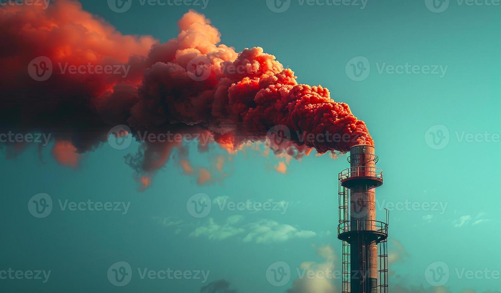 Industrial pipe with red smoke against the blue sky. Industrial chimney emitting red smoke photo