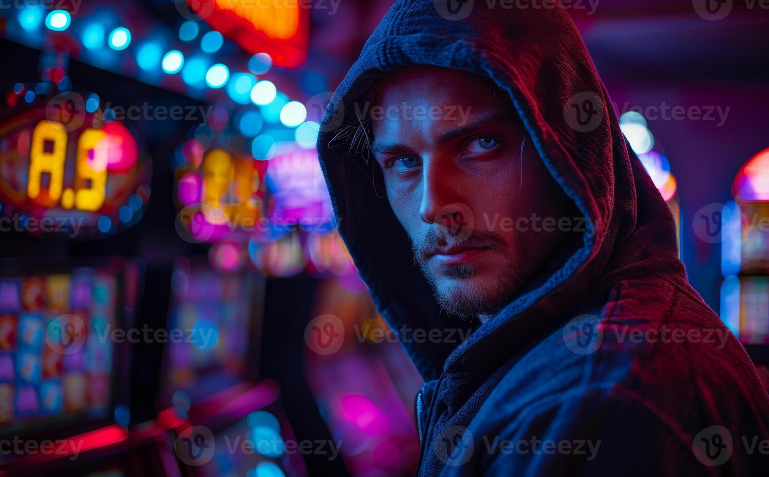 Handsome man is posing next to the slot machines in casino photo