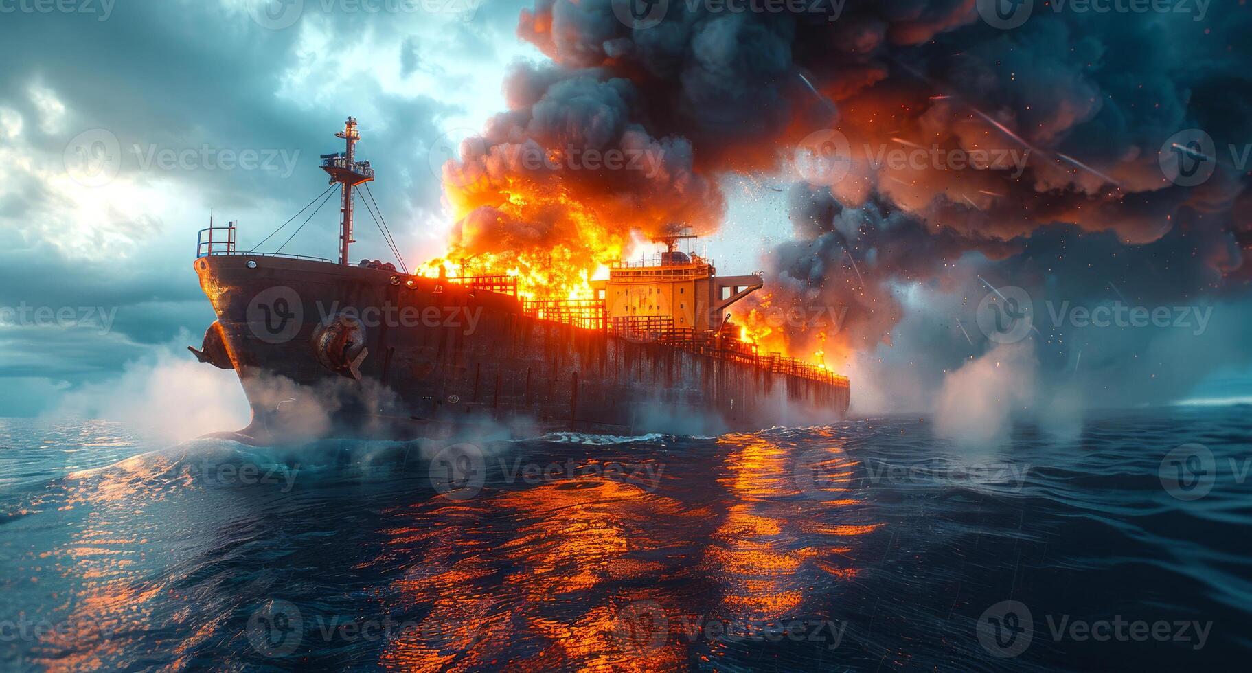 Oil tanker on fire in the sea at night. A cargo ship on fire in the middle of an ocean photo