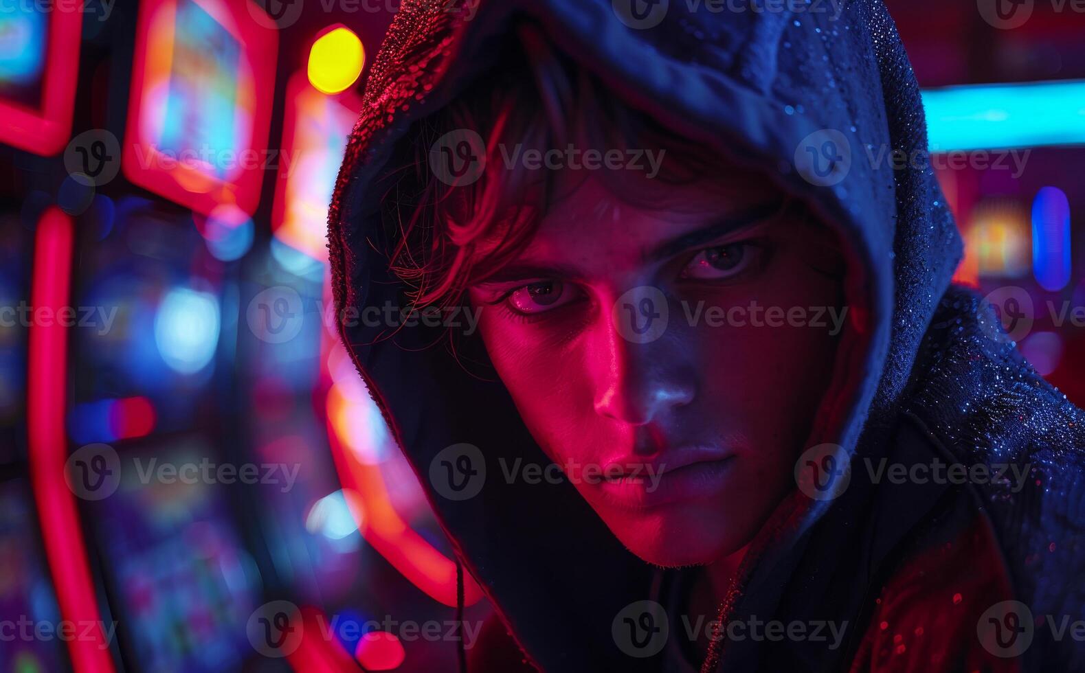 Portrait of young man in hoodie in casino. A man in a black hooded sweatshirt photo