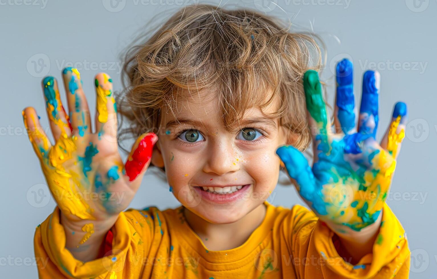 Cute little boy shows his palms with paint. photo