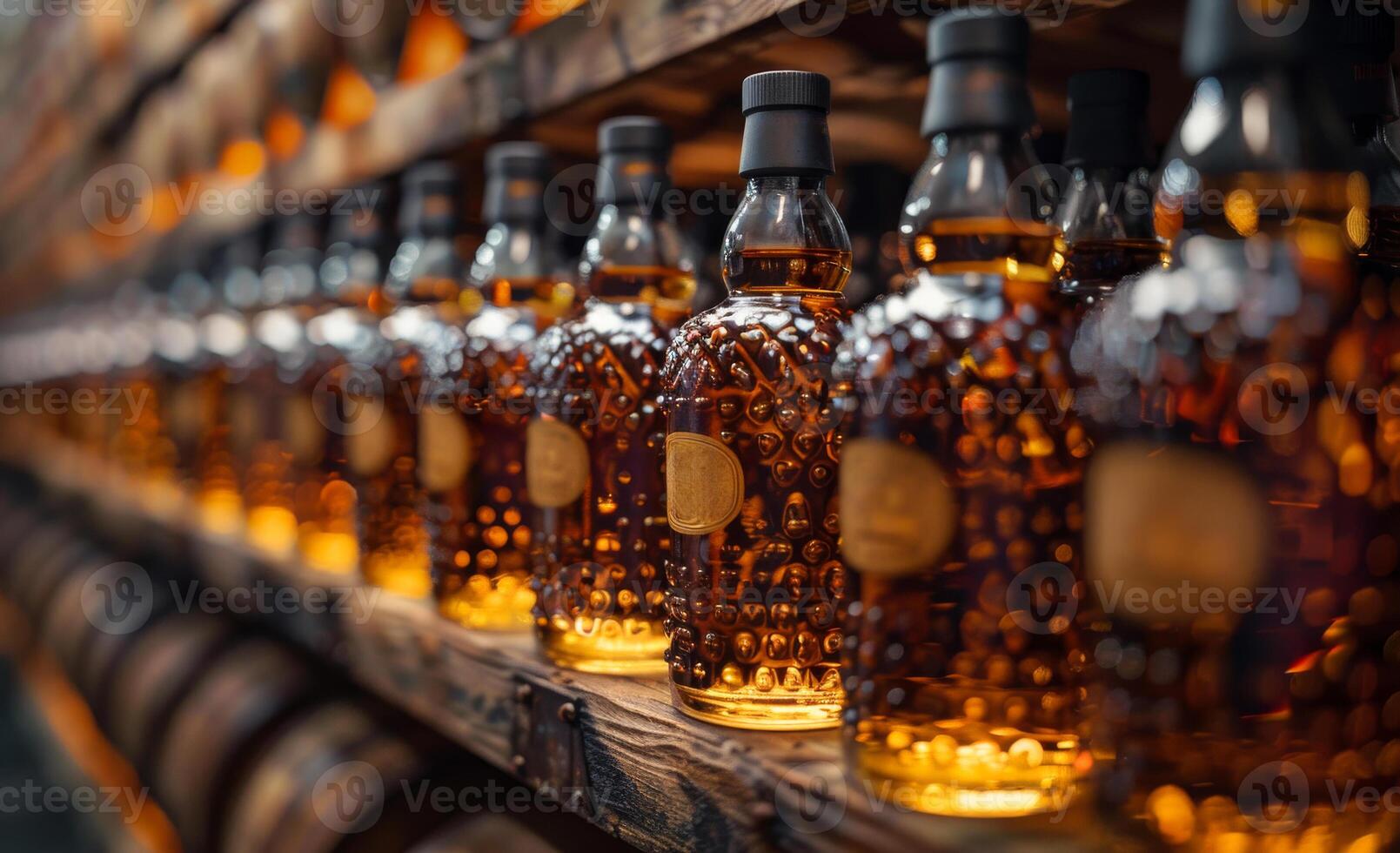 Rows of bottles of whisky on shelf in distillery photo