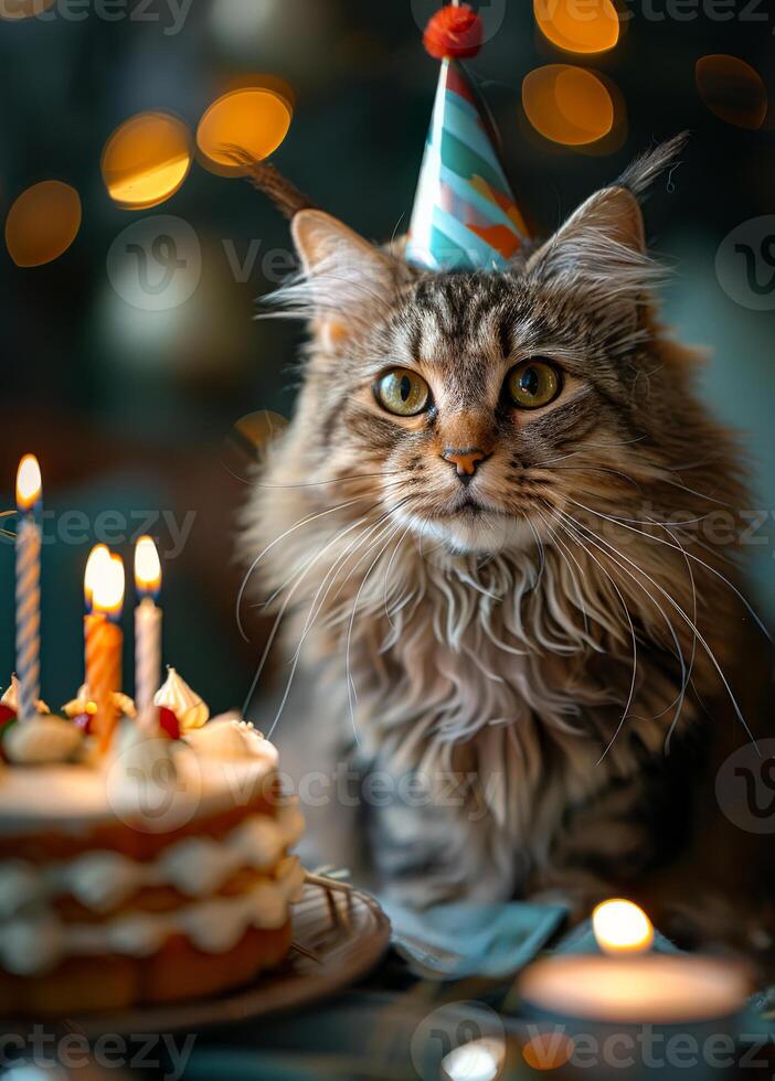 Cat in festive cap sits near festive table with cake and candles photo