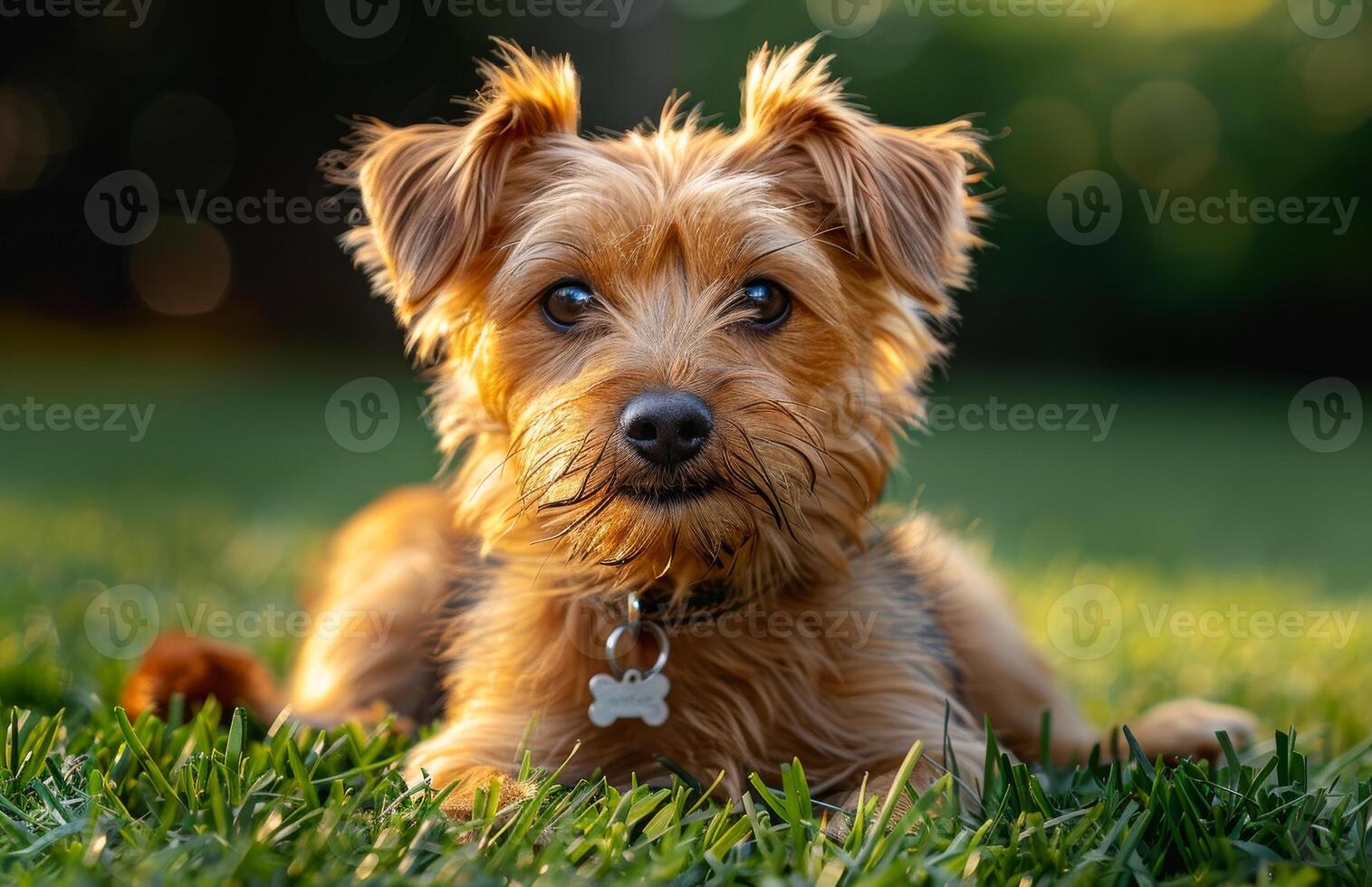 Cute little terrier mix breed dog lays in the grass with his head tilted to the side and his ears perked up photo