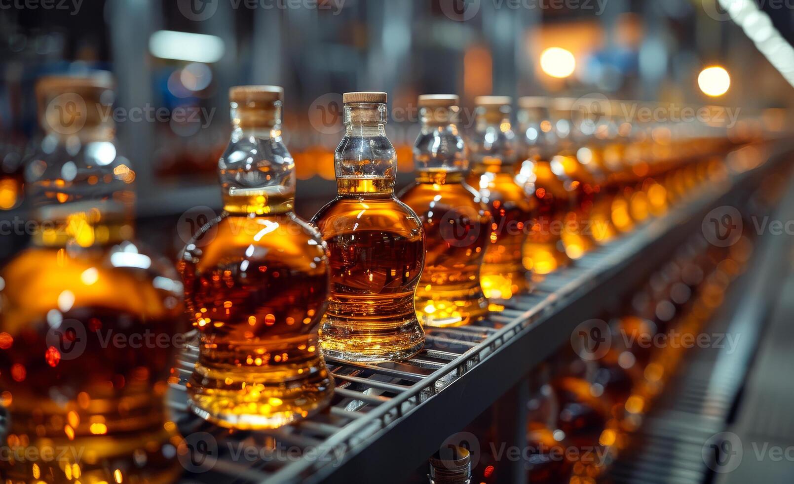 Glass bottles are moving along the conveyor at whisky distillery photo
