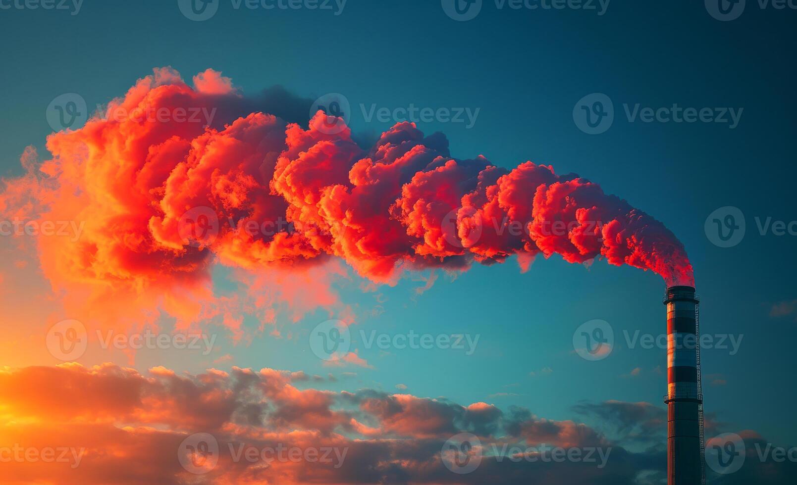 Industrial pipe emits red smoke into the sky polluting the environment photo